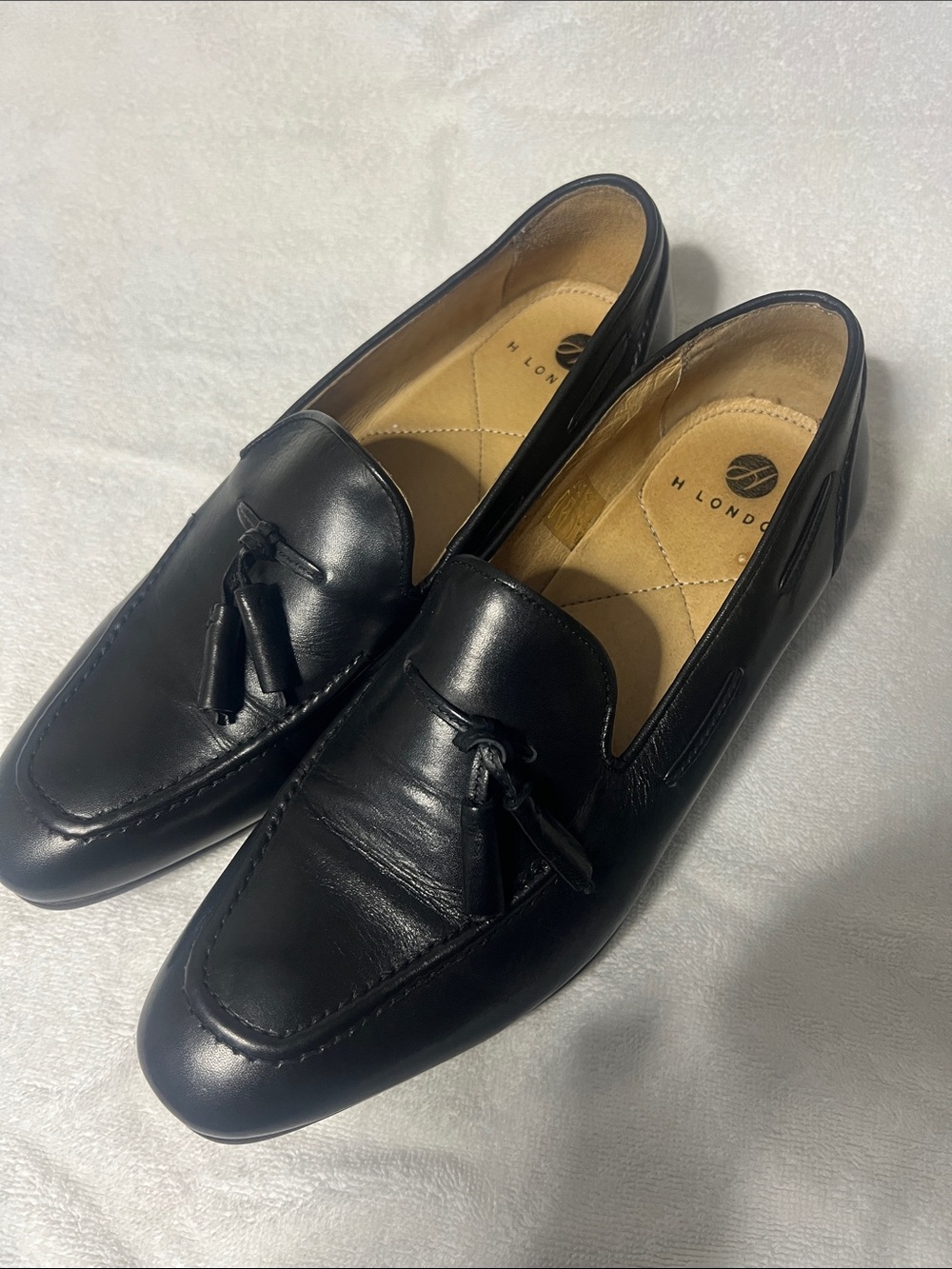 H By Hudson Black Leather Tassel Slip-On Loafers